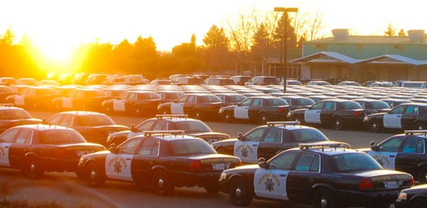 image of multiple police vehicles on lot during sunset